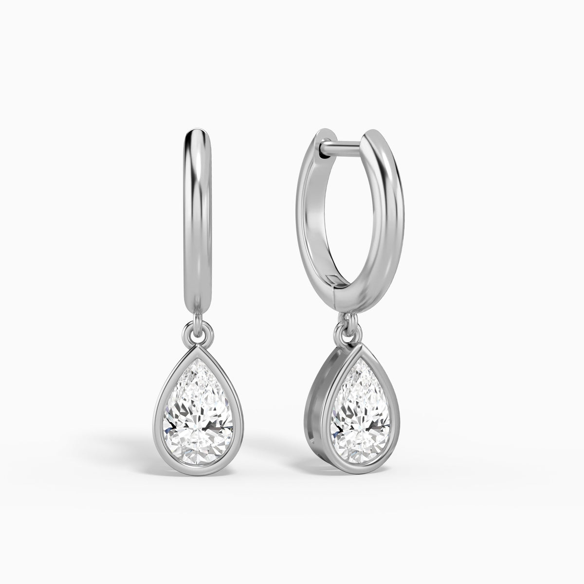 Pear Bezel Drop Huggie Hoop Earrings in 14K White Gold