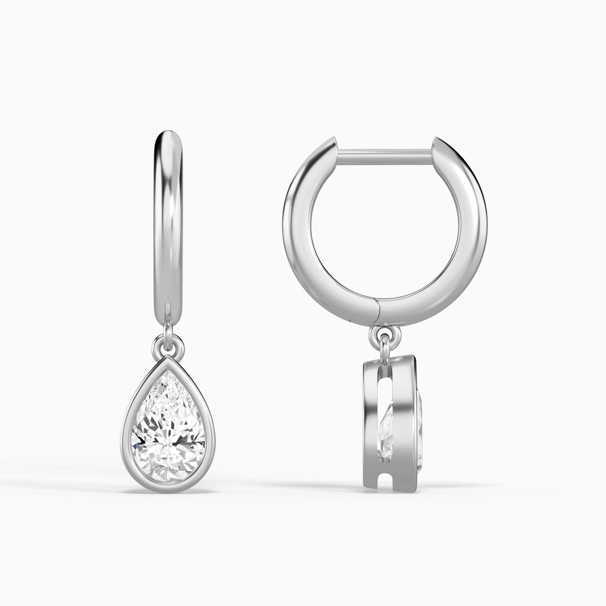 Pear Bezel Drop Huggie Hoop Earrings in 14K White Gold
