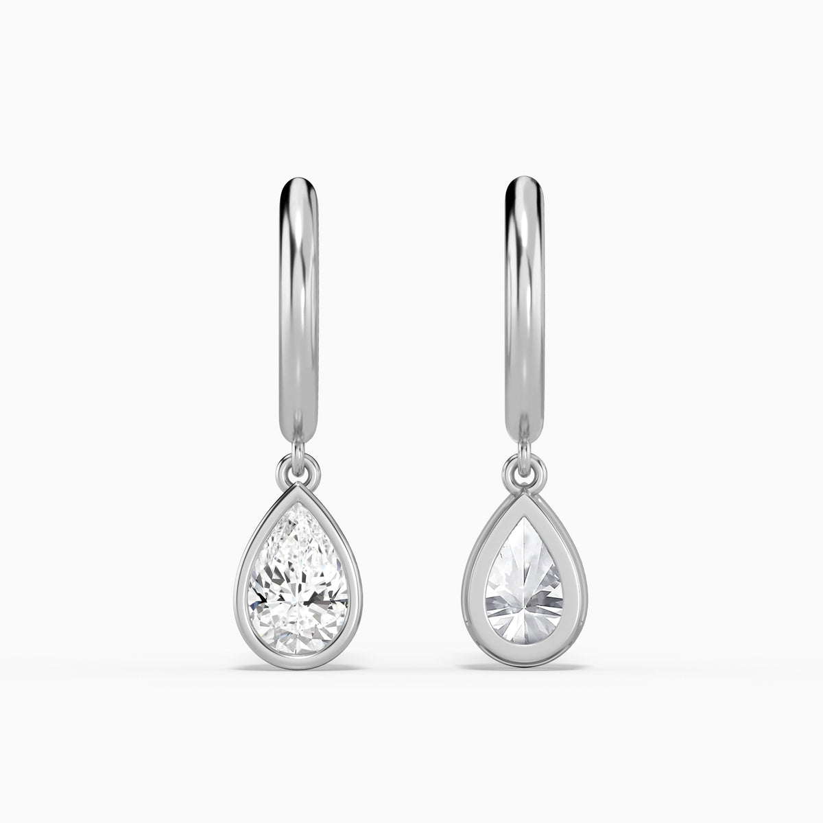 Pear Bezel Drop Huggie Hoop Earrings in 14K White Gold