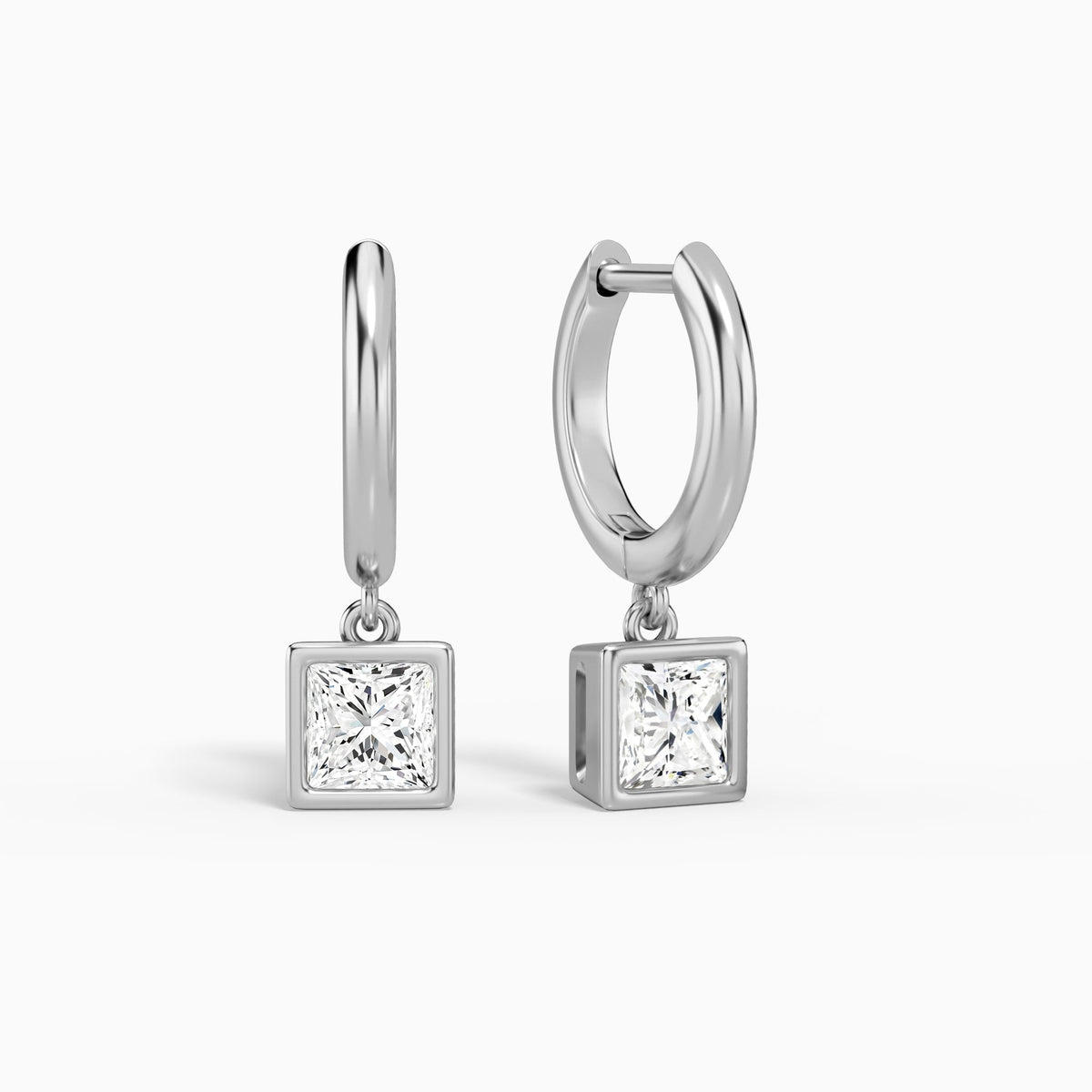 Princess Bezel Drop Huggie Hoop Earrings in 14K White Gold