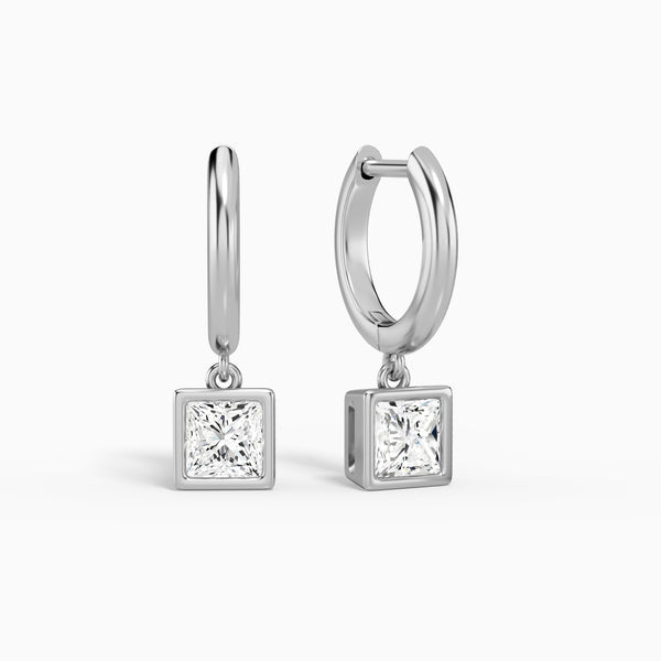 Princess Bezel Drop Huggie Hoop Earrings in 14K White Gold