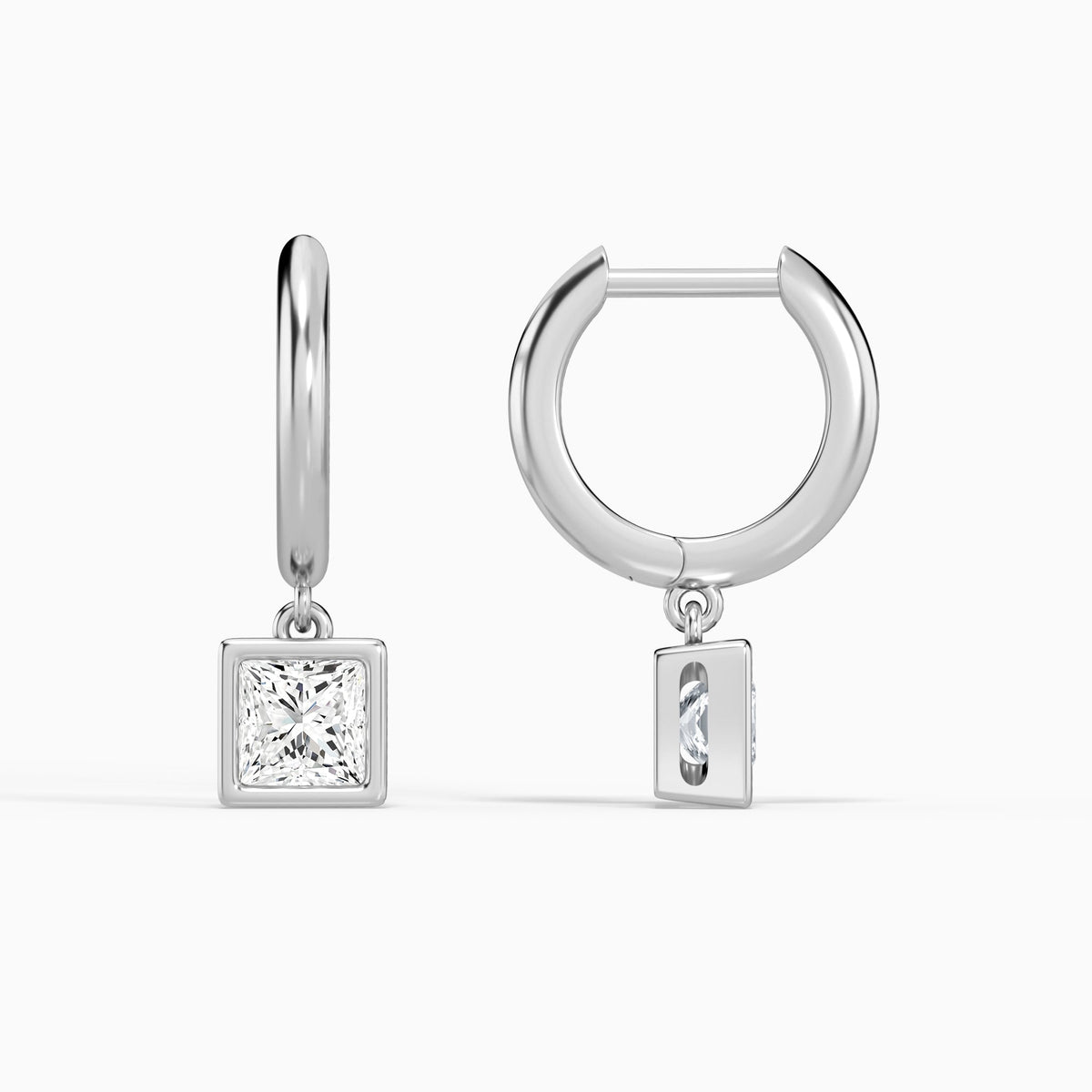 Princess Bezel Drop Huggie Hoop Earrings in 14K White Gold