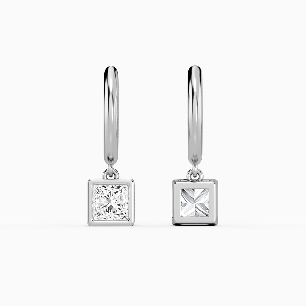 Princess Bezel Drop Huggie Hoop Earrings in 14K White Gold