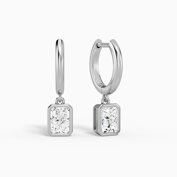 Radiant Bezel Drop Huggie Hoop Earrings in 14K White Gold