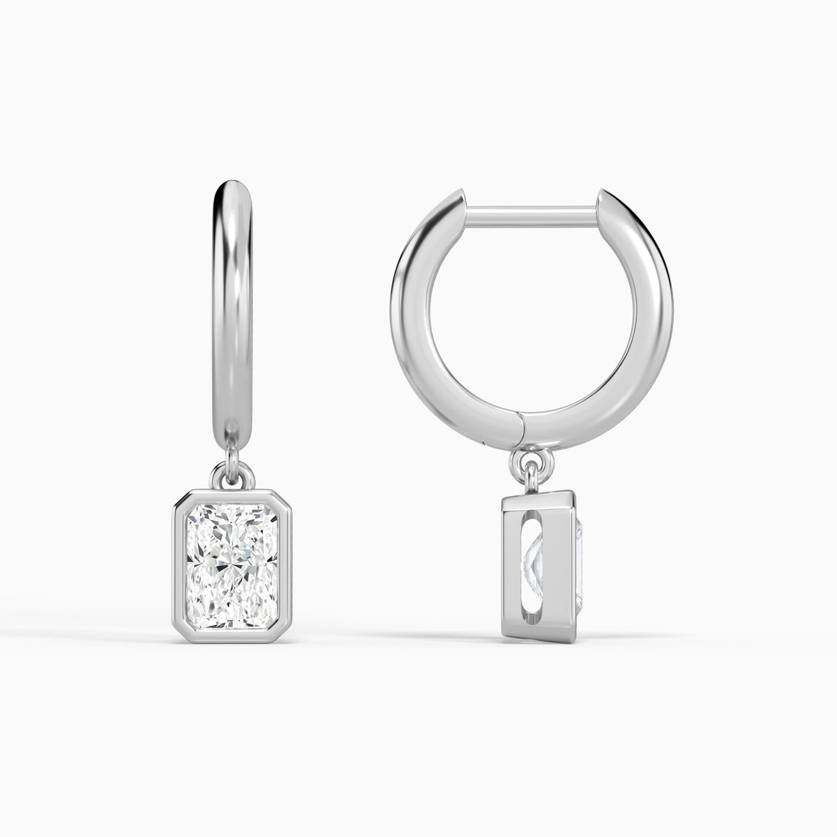 Radiant Bezel Drop Huggie Hoop Earrings in 18K White Gold