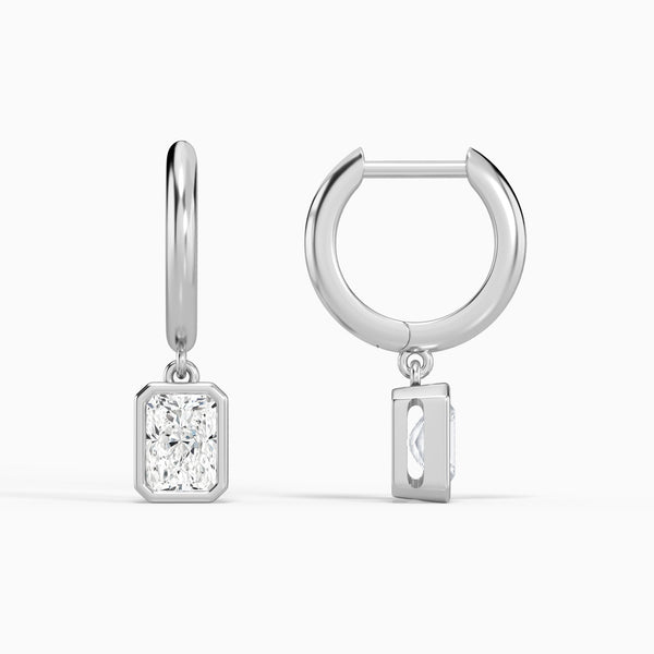 Radiant Bezel Drop Huggie Hoop Earrings in 14K White Gold