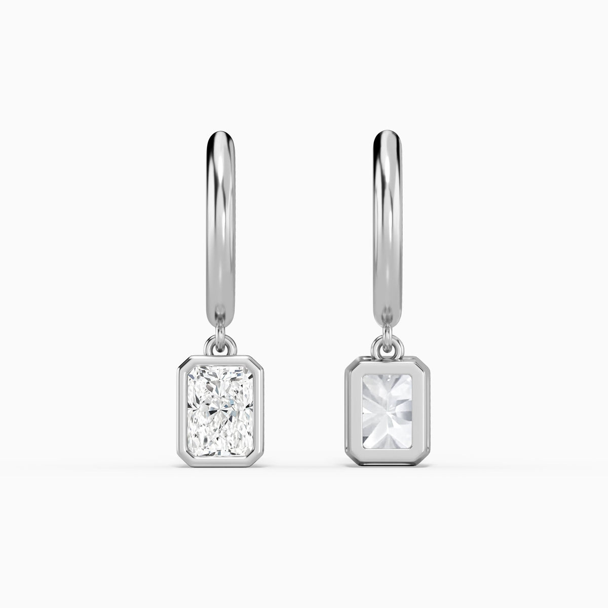 Radiant Bezel Drop Huggie Hoop Earrings in 14K White Gold