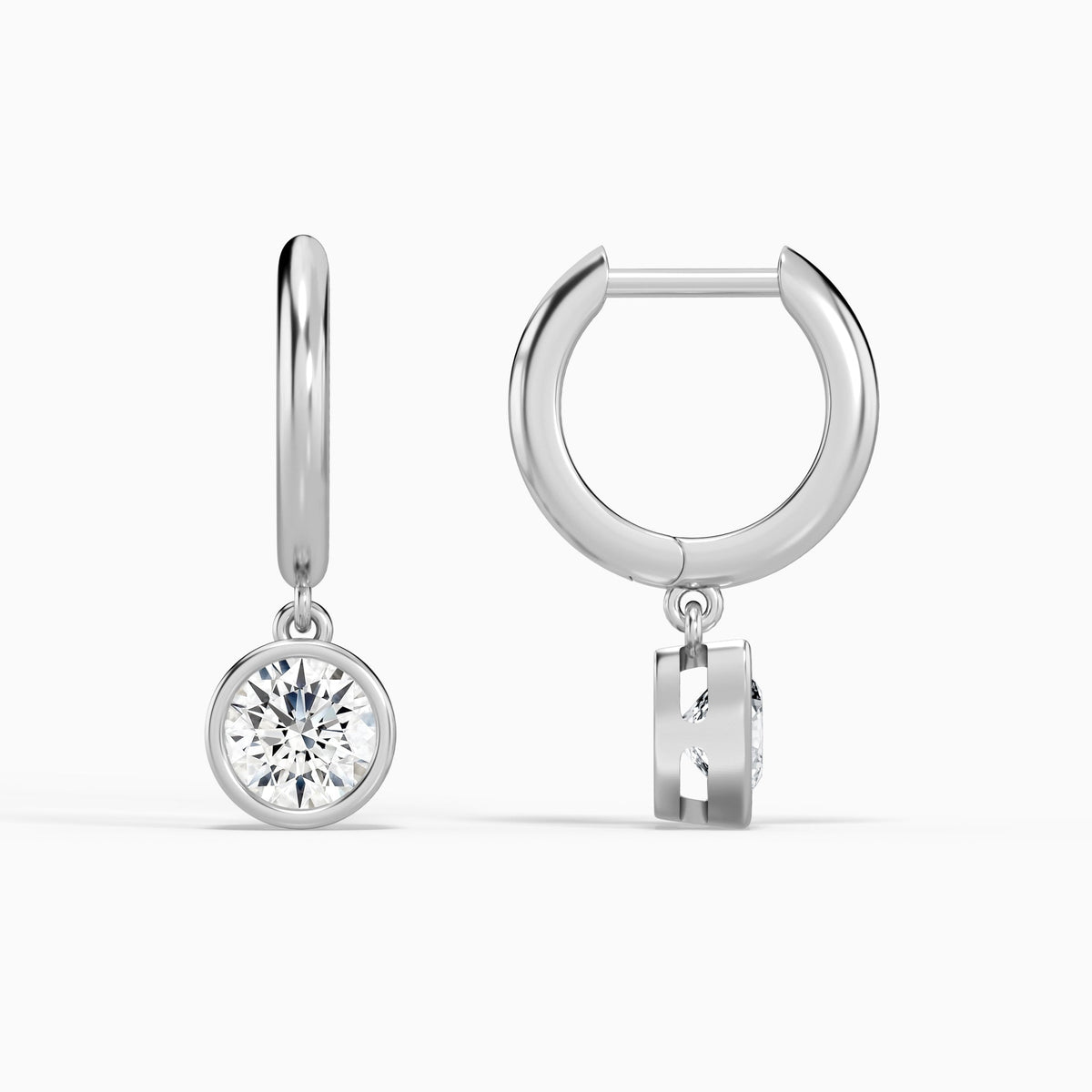 Round Bezel Drop Huggie Hoop Earrings in 18K White Gold