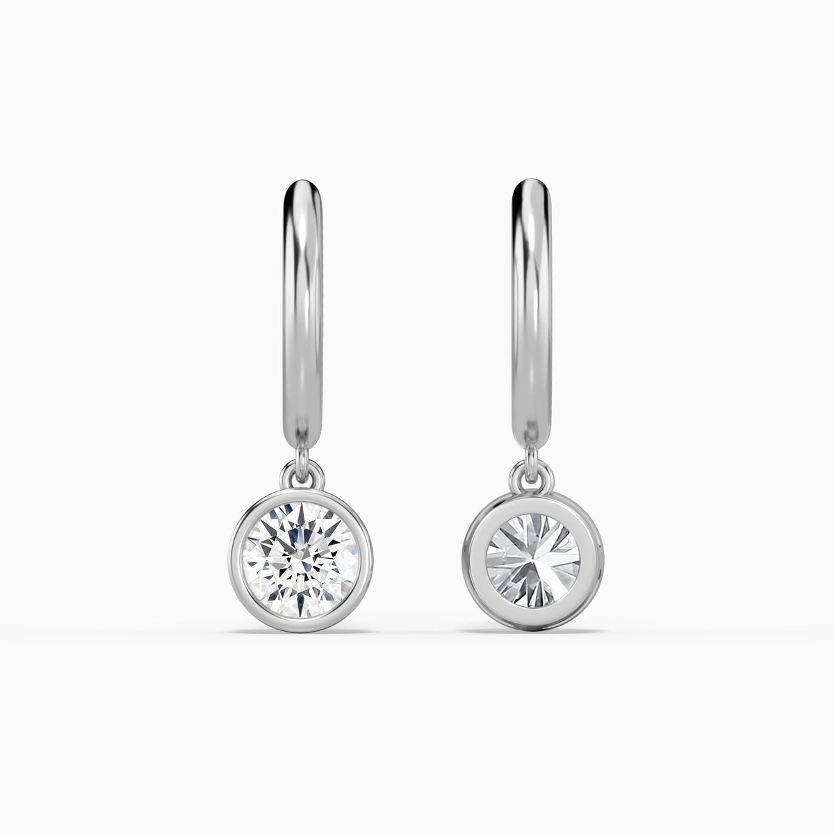 Round Bezel Drop Huggie Hoop Earrings in 18K White Gold