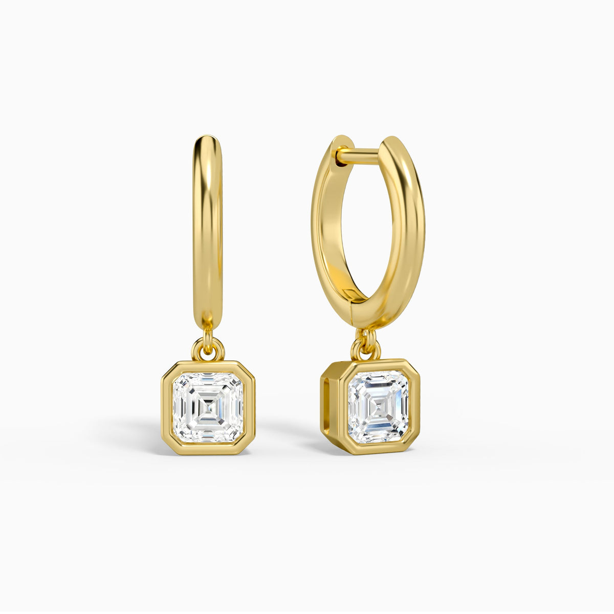 Asscher Bezel Drop Huggie Hoop Earrings in 14K Yellow Gold