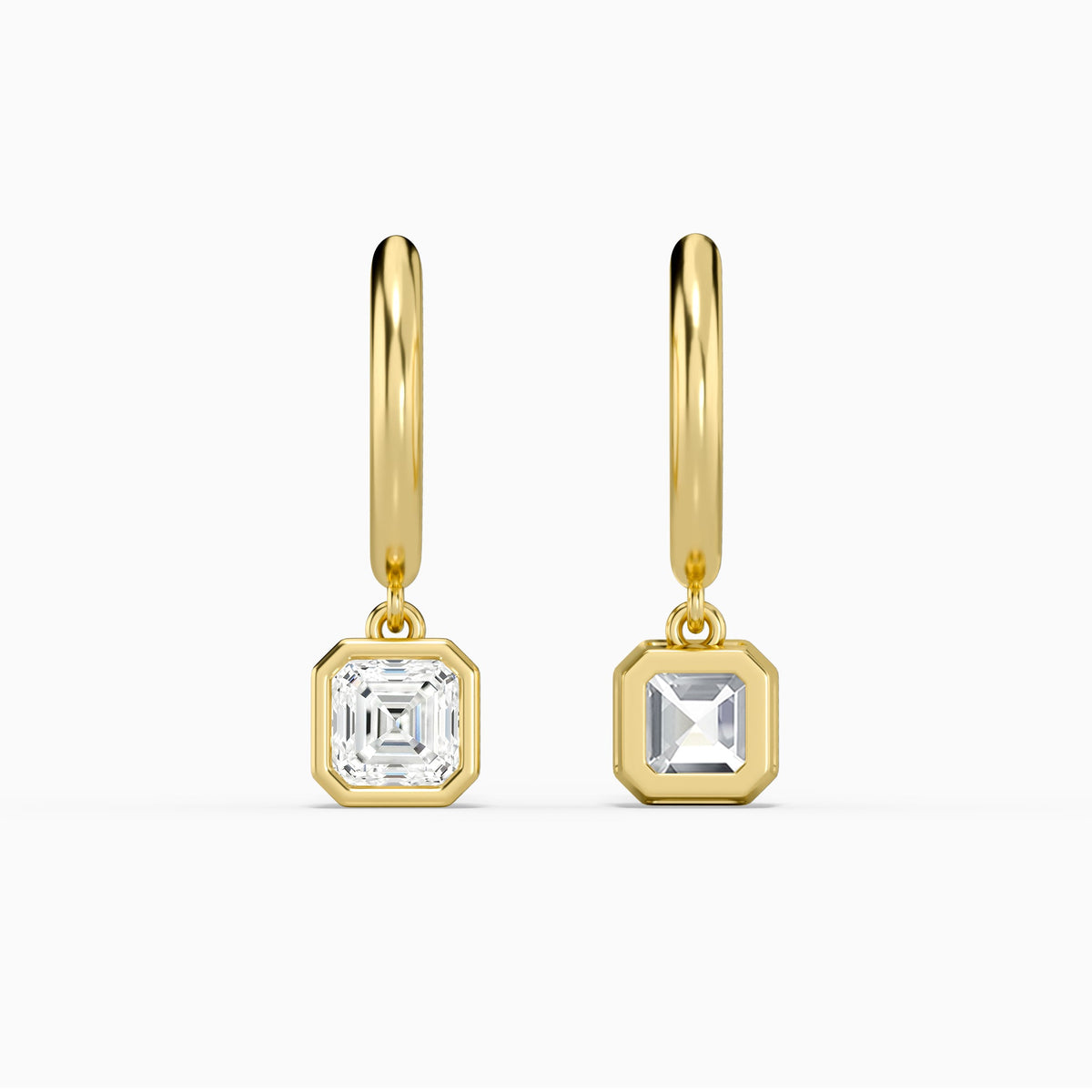 Asscher Bezel Drop Huggie Hoop Earrings in 14K Yellow Gold