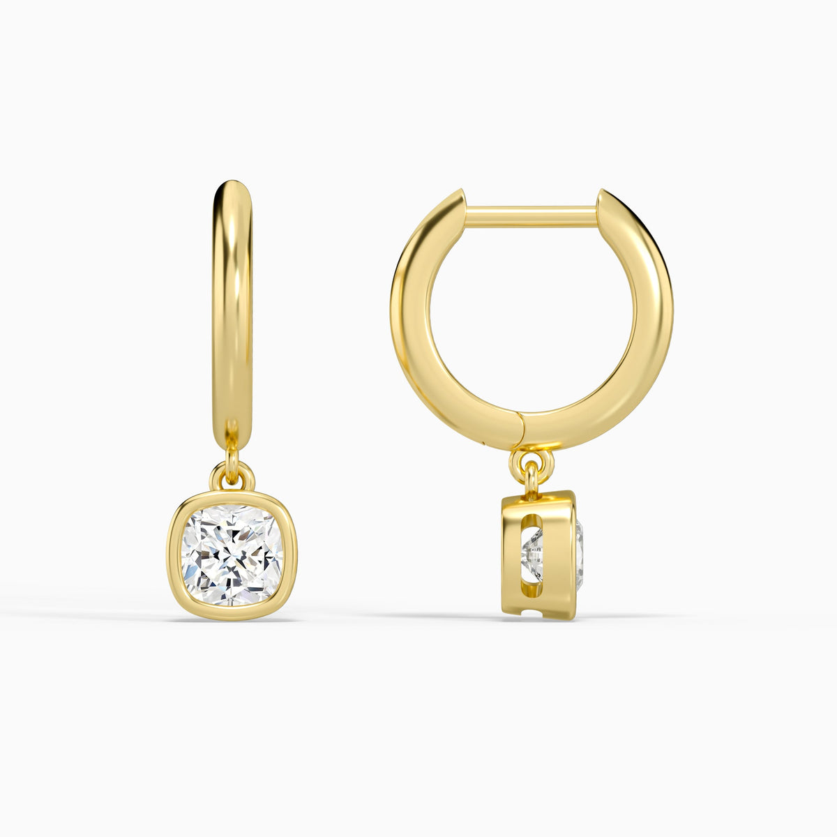 Cushion Bezel Drop Huggie Hoop Earrings in 18K Yellow Gold