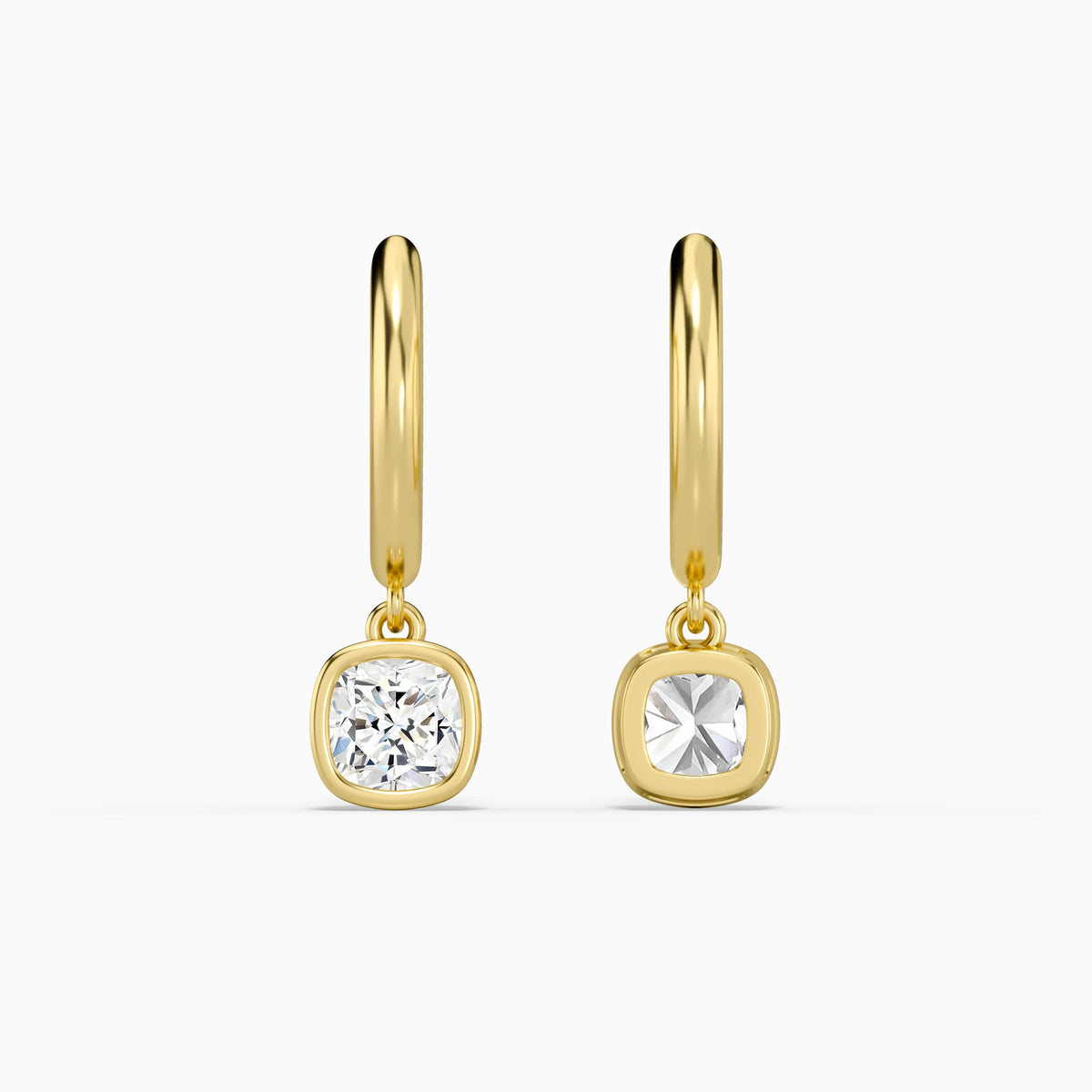 Cushion Bezel Drop Huggie Hoop Earrings in 18K Yellow Gold