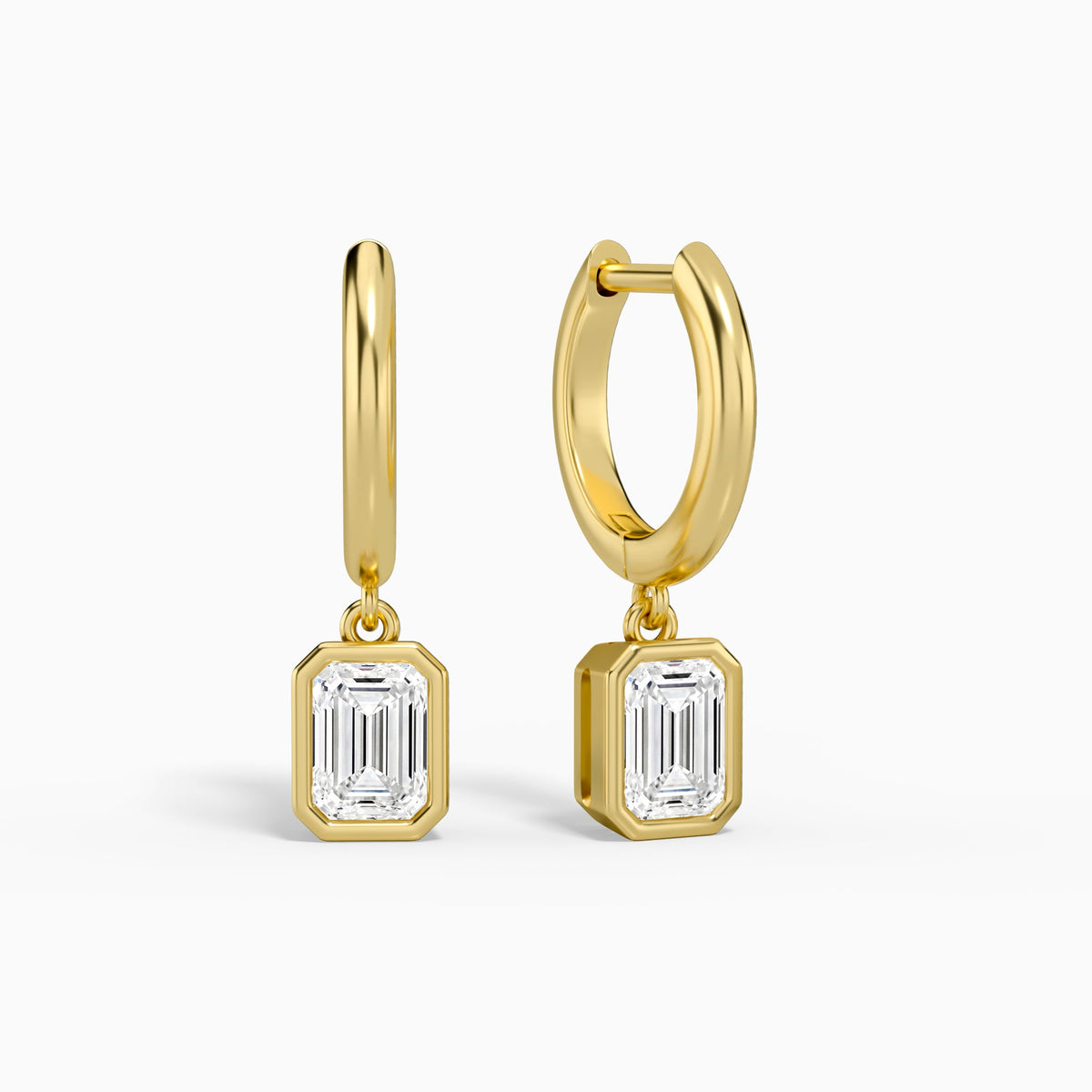 Emerald Bezel Drop Huggie Hoop Earrings in 18K Yellow Gold