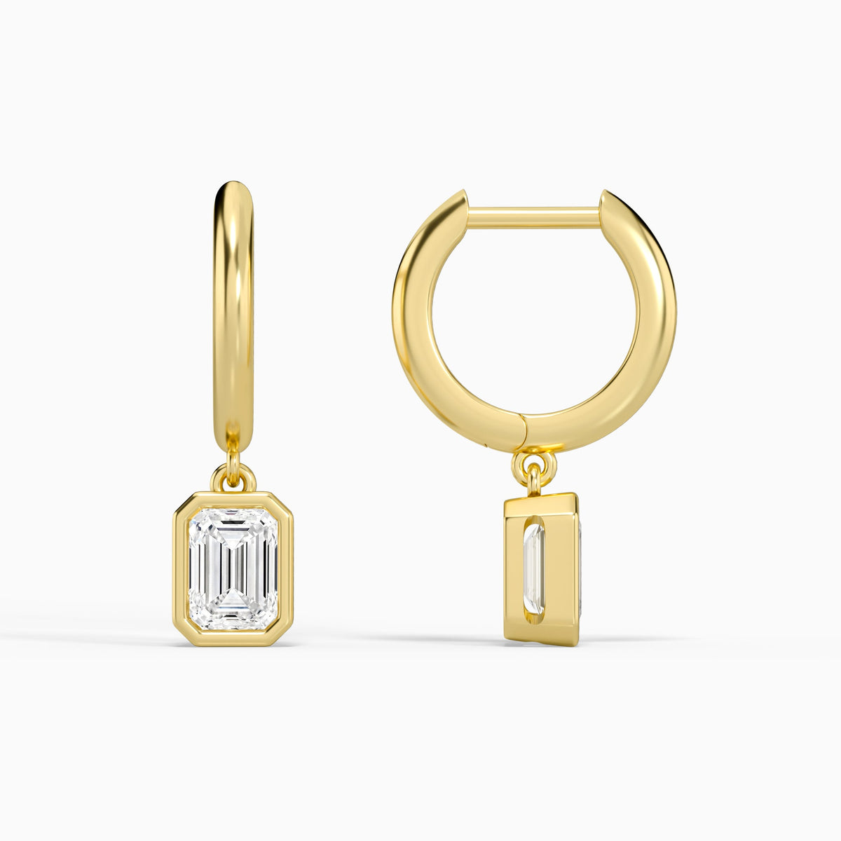 Emerald Bezel Drop Huggie Hoop Earrings in 14K Yellow Gold