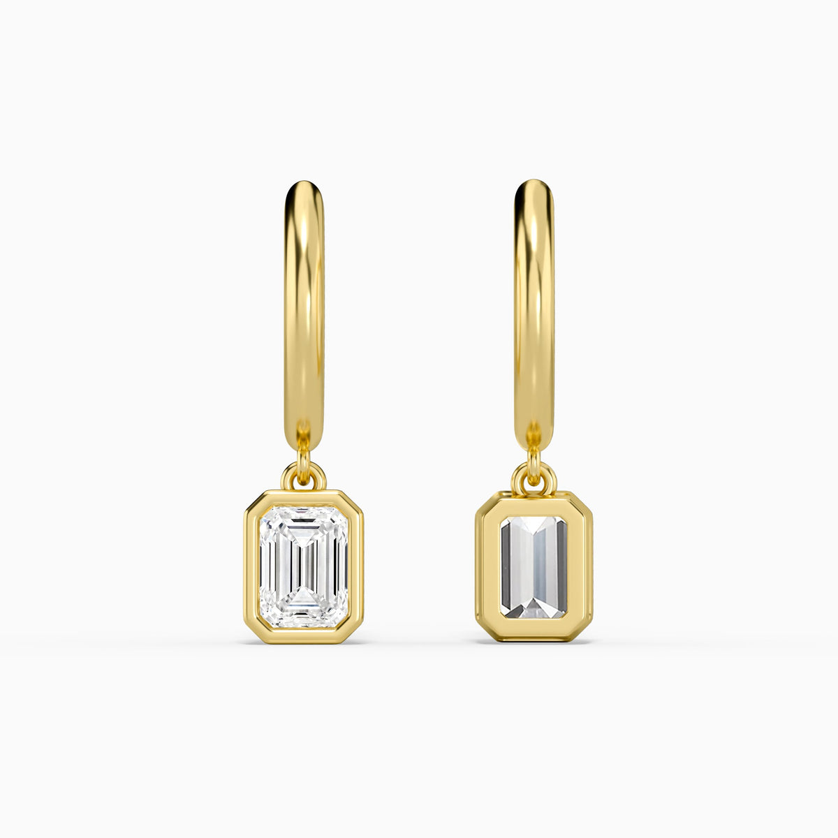 Emerald Bezel Drop Huggie Hoop Earrings in 18K Yellow Gold
