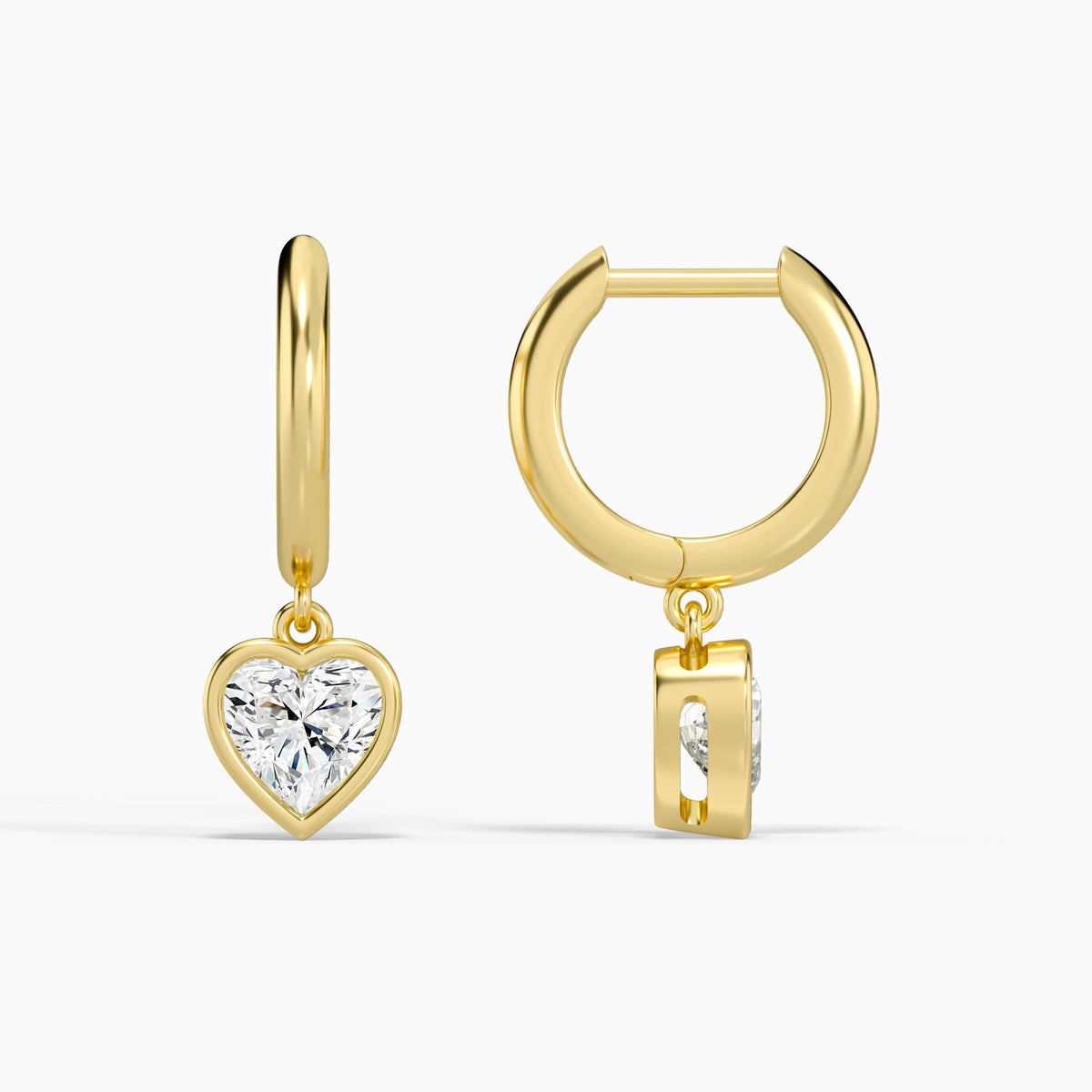 Heart Bezel Drop Huggie Hoop Earrings in 14K Yellow Gold