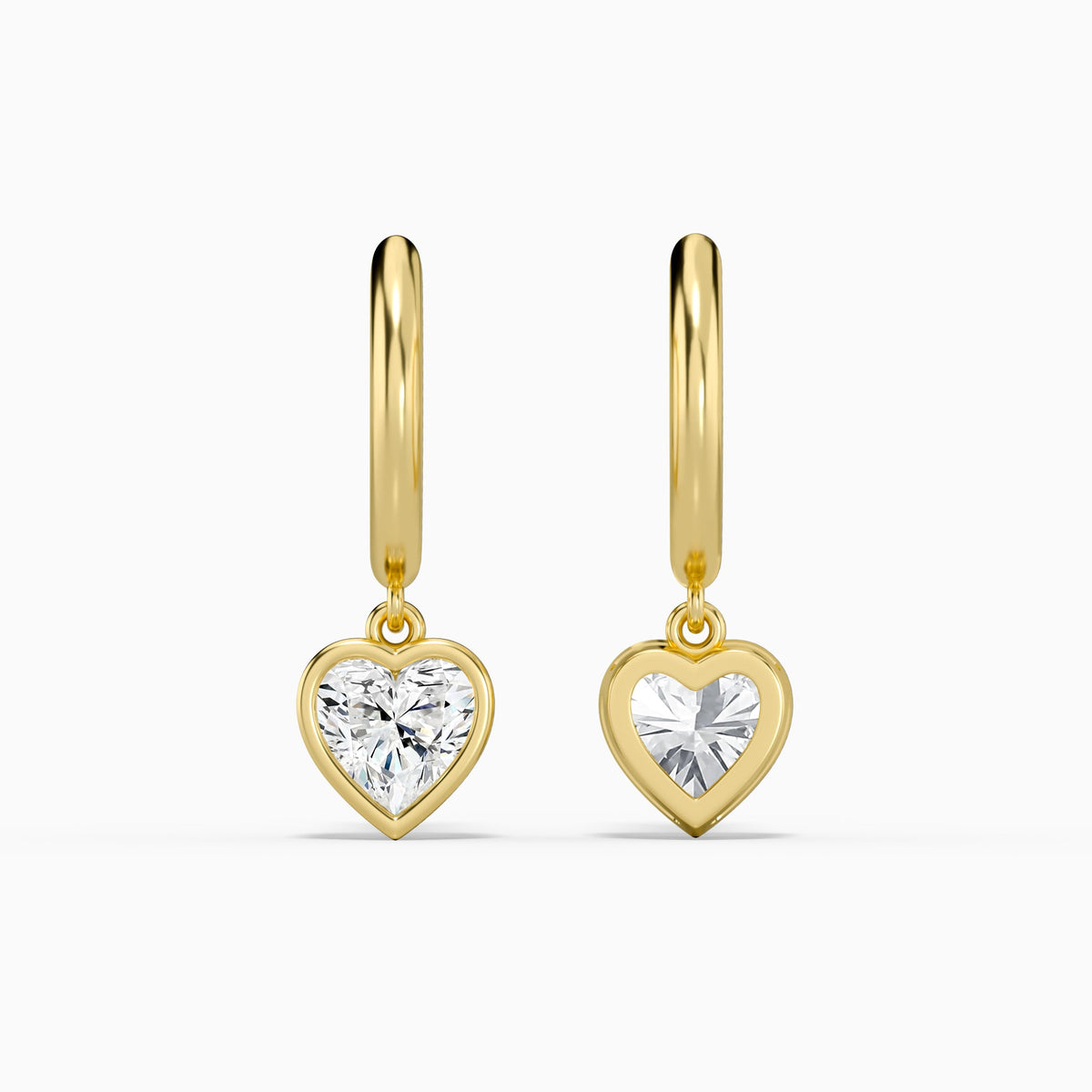 Heart Bezel Drop Huggie Hoop Earrings in 14K Yellow Gold