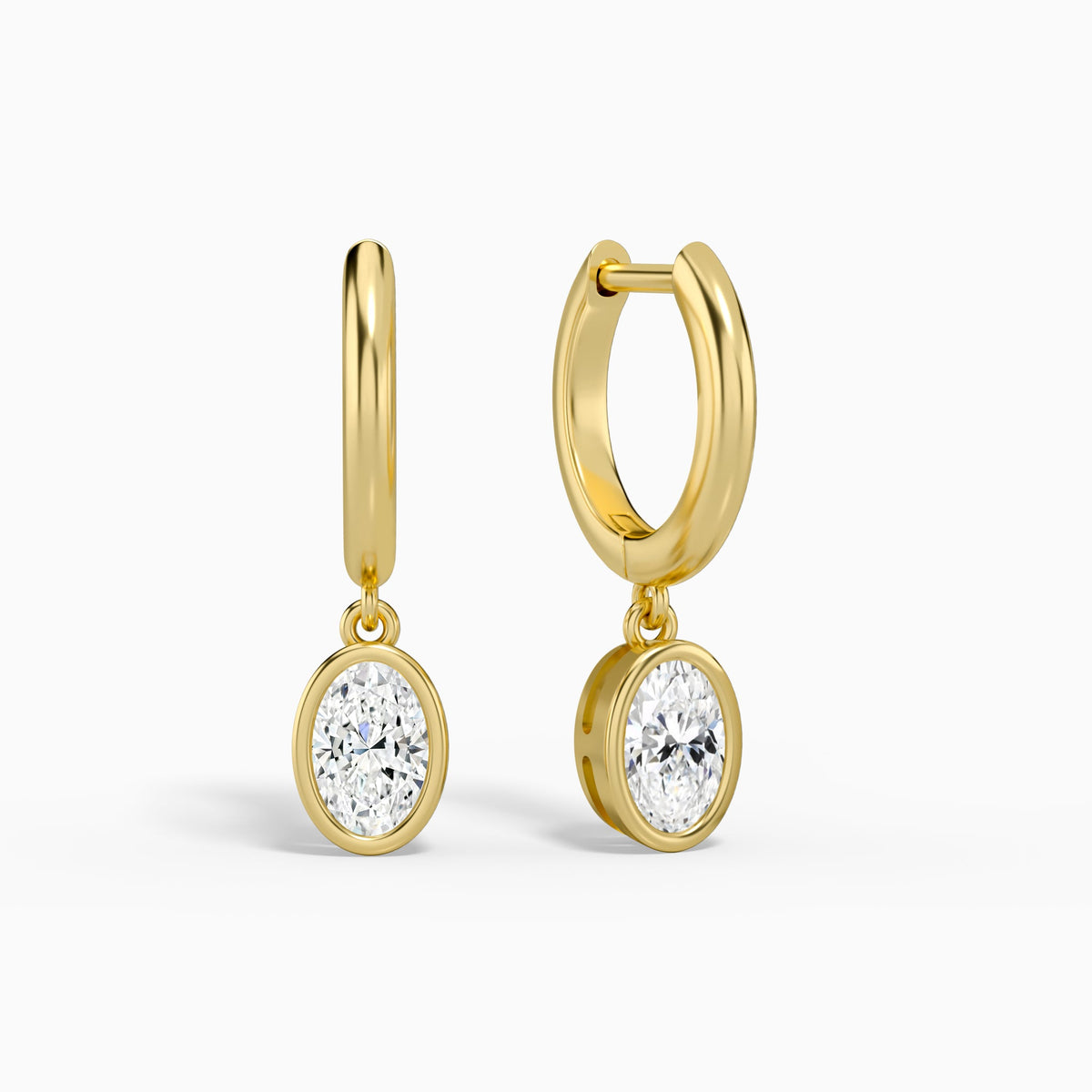 Oval Bezel Drop Huggie Hoop Earrings in 14K Yellow Gold