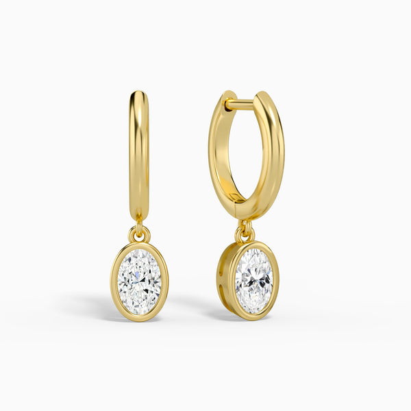 Oval Bezel Drop Huggie Hoop Earrings in 14K Yellow Gold