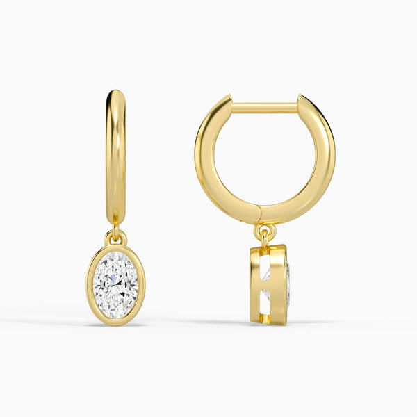 Oval Bezel Drop Huggie Hoop Earrings in 14K Yellow Gold