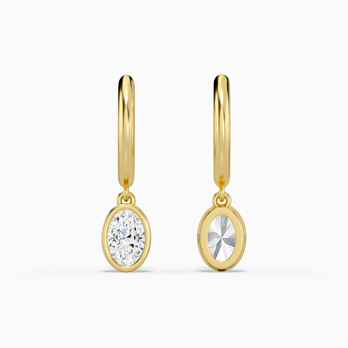 Oval Bezel Drop Huggie Hoop Earrings in 14K Yellow Gold