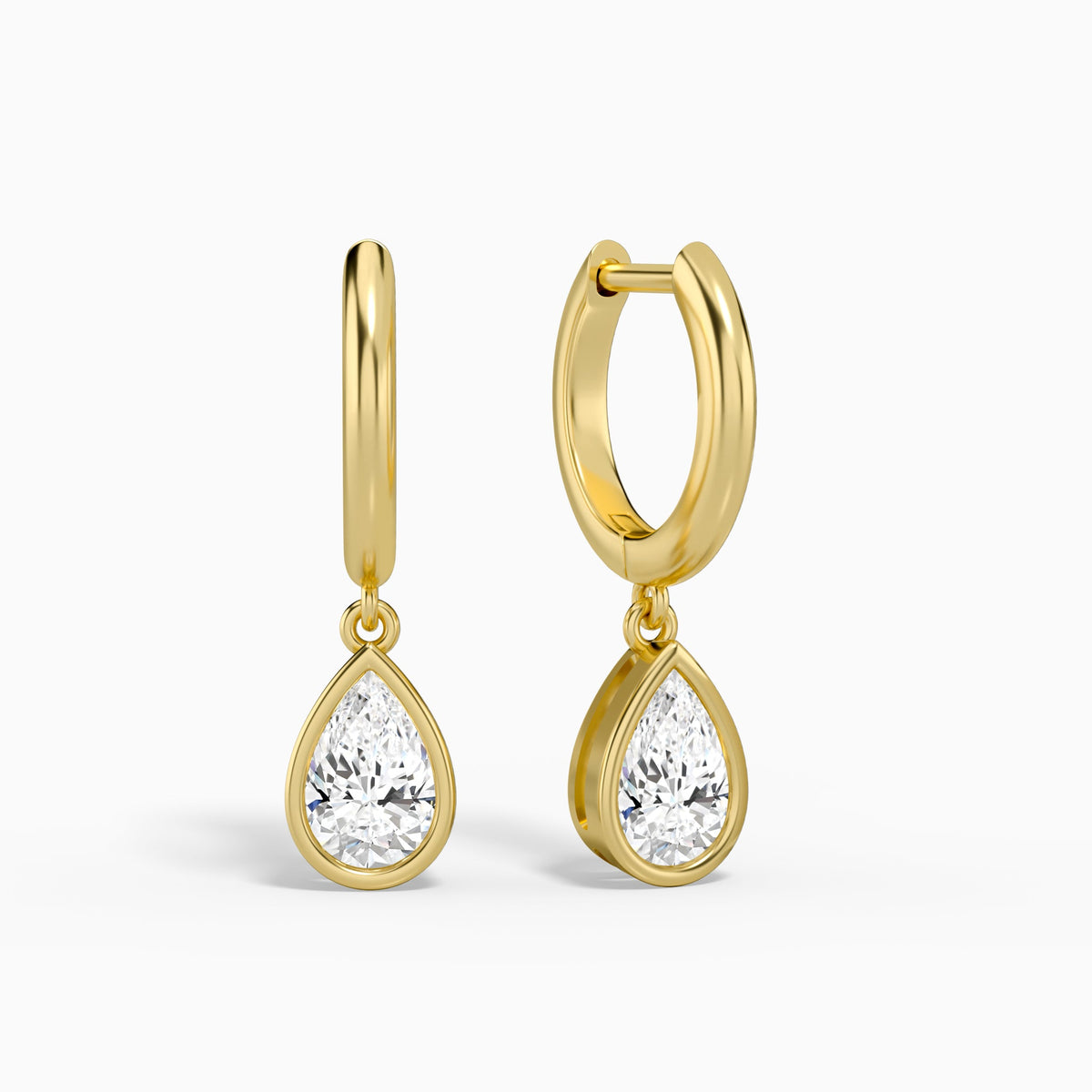 Pear Bezel Drop Huggie Hoop Earrings in 14K Yellow Gold