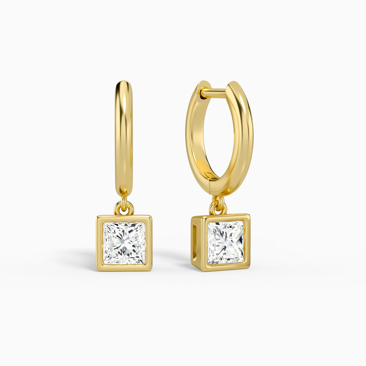 Princess Bezel Drop Huggie Hoop Earrings in 14K Yellow Gold