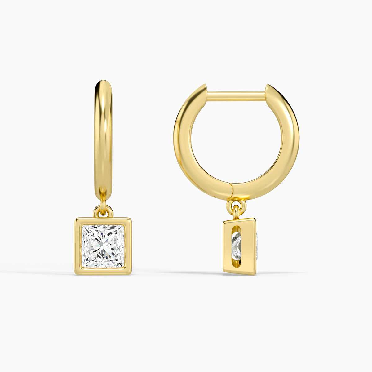 Princess Bezel Drop Huggie Hoop Earrings in 14K Yellow Gold