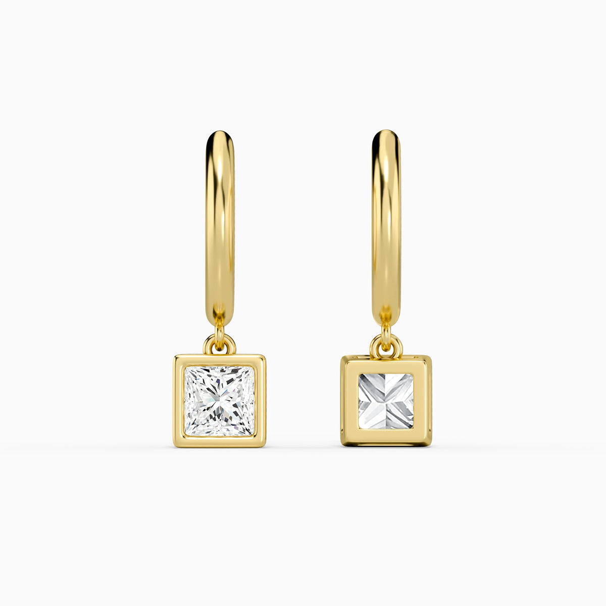 Princess Bezel Drop Huggie Hoop Earrings in 14K Yellow Gold