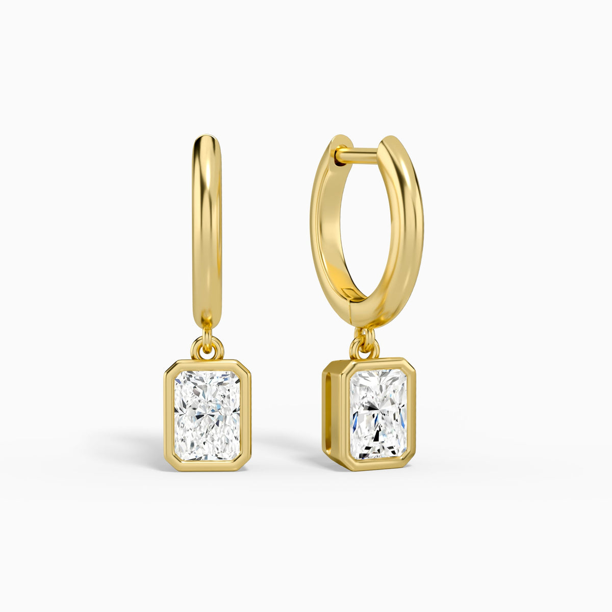 Radiant Bezel Drop Huggie Hoop Earrings in 18K Yellow Gold