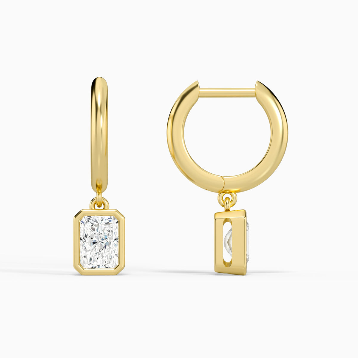 Radiant Bezel Drop Huggie Hoop Earrings in 14K Yellow Gold