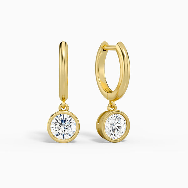 Round Bezel Drop Huggie Hoop Earrings in 14K Yellow Gold