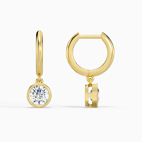 Round Bezel Drop Huggie Hoop Earrings in 14K Yellow Gold