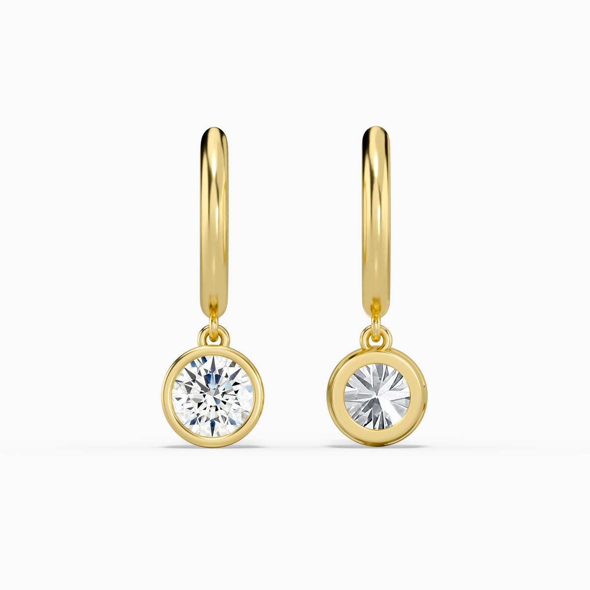 Round Bezel Drop Huggie Hoop Earrings in 14K Yellow Gold