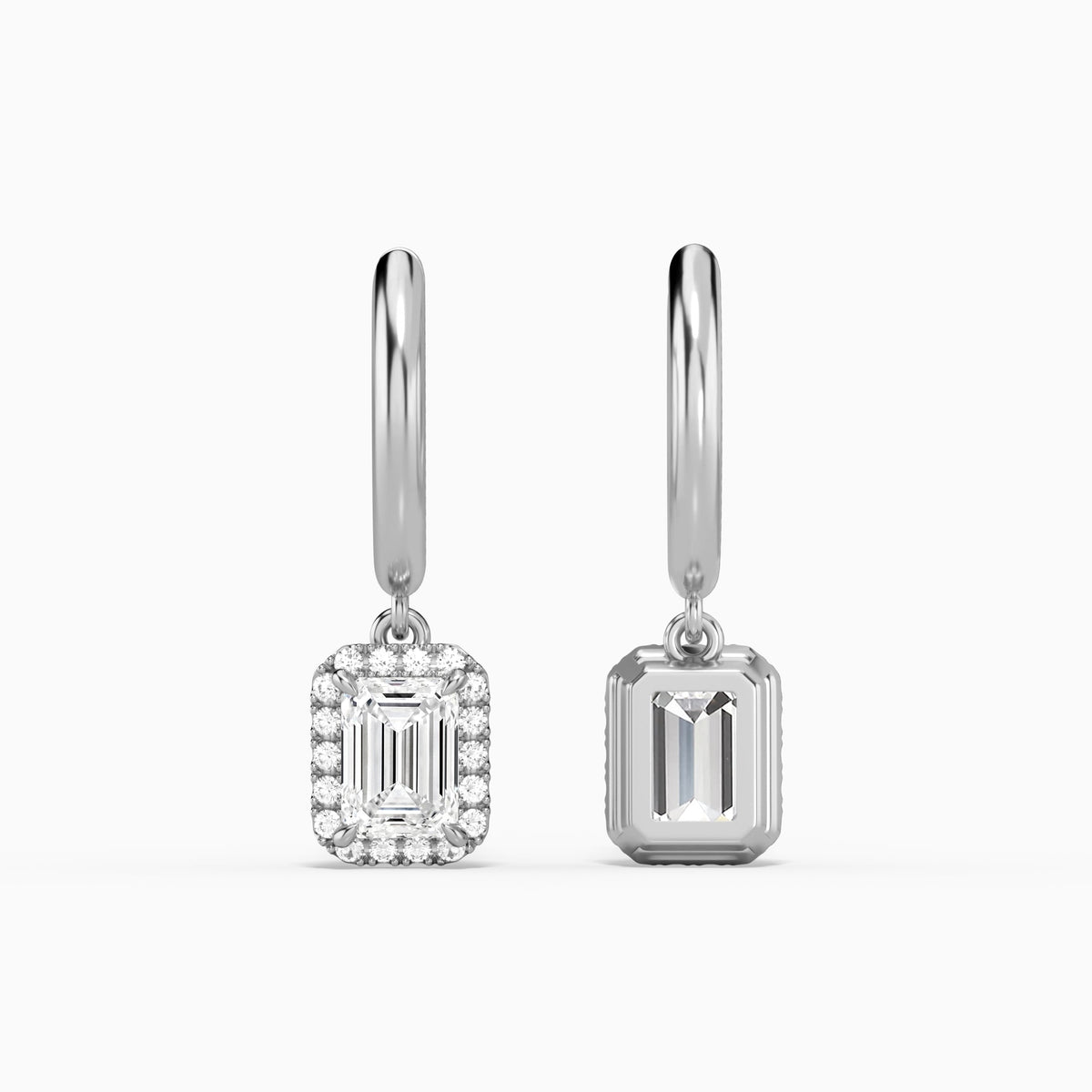 Emerald Halo Drop Huggie Hoop Earrings in Platinum