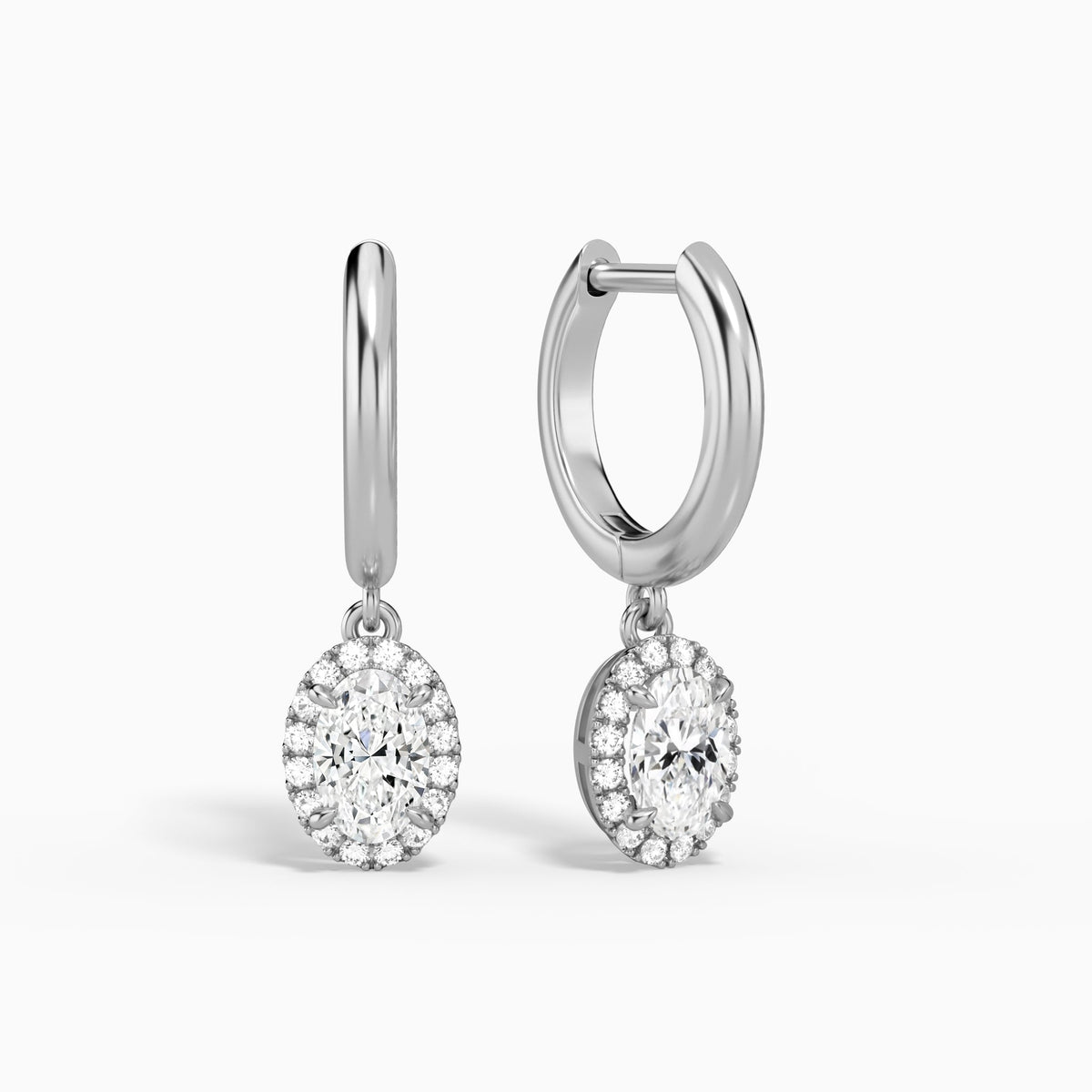 Oval Halo Drop Huggie Hoop Earrings in Platinum