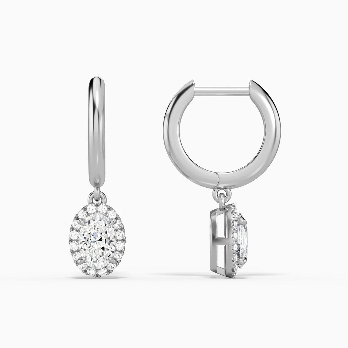Oval Halo Drop Huggie Hoop Earrings in Platinum