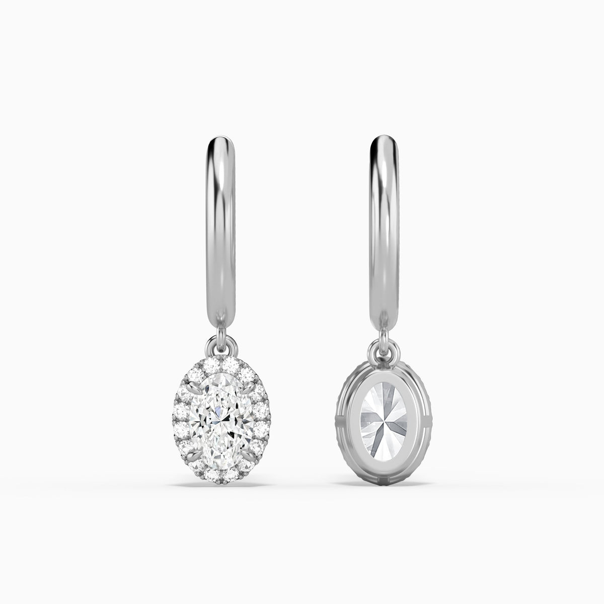 Oval Halo Drop Huggie Hoop Earrings in Platinum