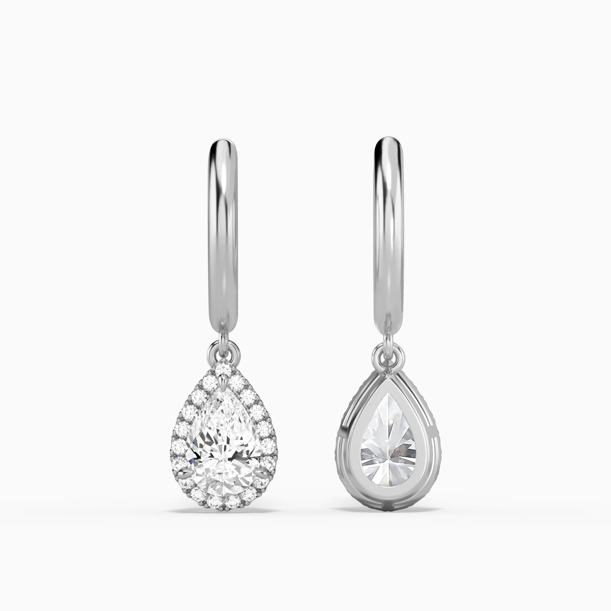 Pear Halo Drop Huggie Hoop Earrings in Platinum
