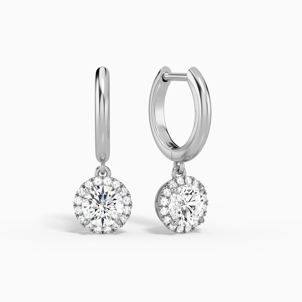 Round Halo Drop Huggie Hoop Earrings in Platinum