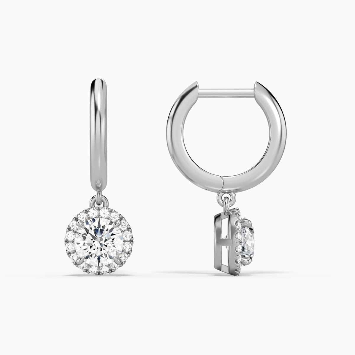 Round Halo Drop Huggie Hoop Earrings in Platinum