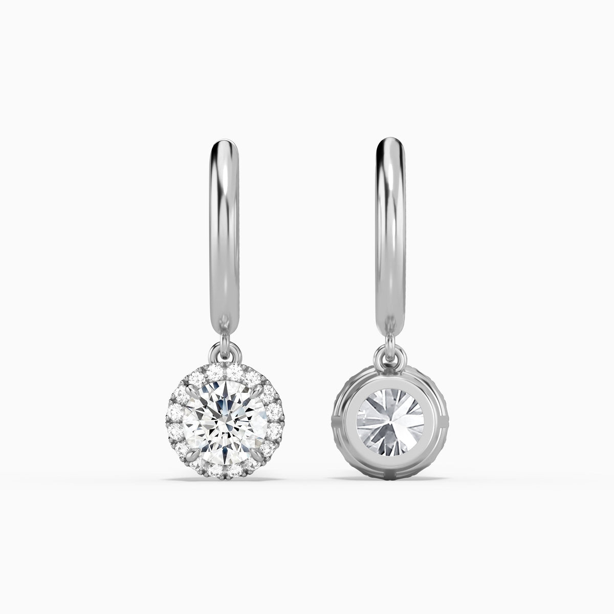 Round Halo Drop Huggie Hoop Earrings in Platinum