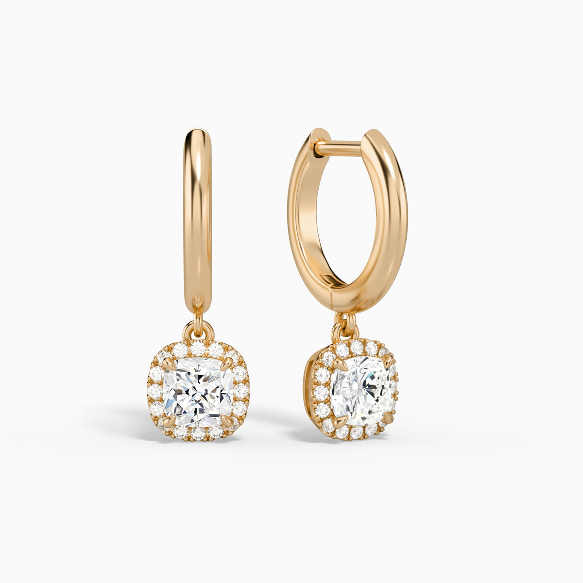Cushion Halo Drop Huggie Hoop Earrings in 14K Rose Gold