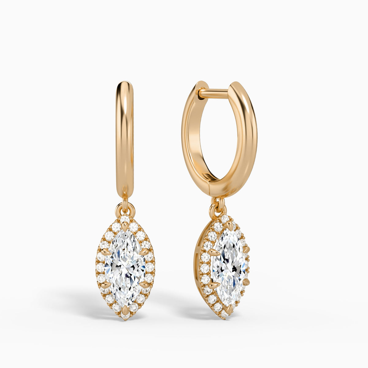 Marquise Halo Drop Huggie Hoop Earrings in 14K Rose Gold