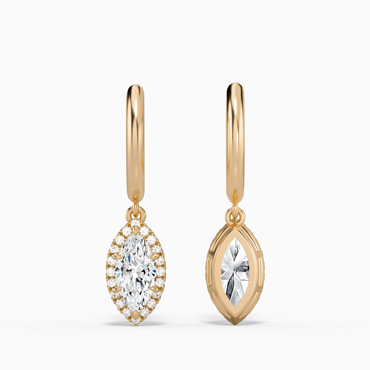 Marquise Halo Drop Huggie Hoop Earrings in 14K Rose Gold