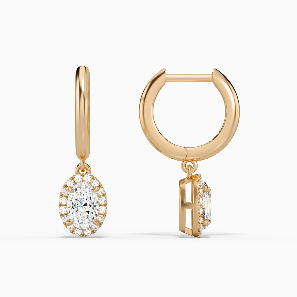 Oval Halo Drop Huggie Hoop Earrings in 14K Rose Gold