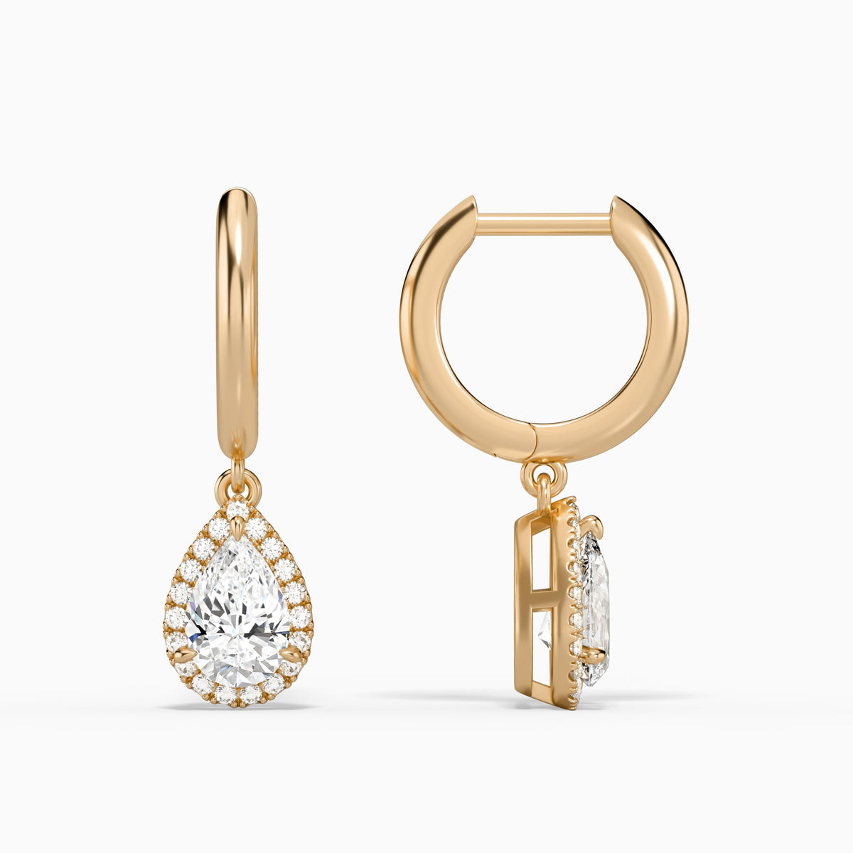 Pear Halo Drop Huggie Hoop Earrings in 14K Rose Gold