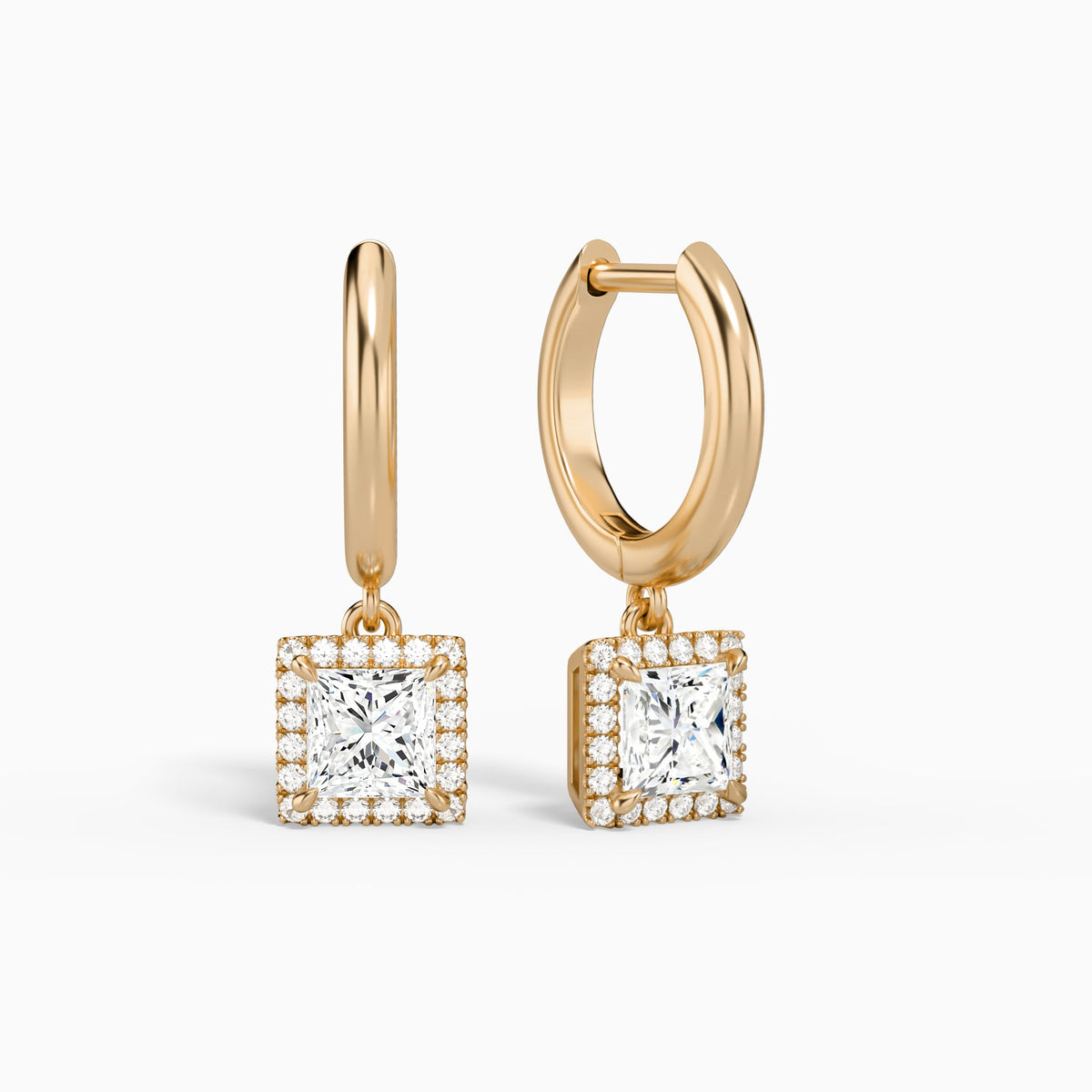 Princess Halo Drop Huggie Hoop Earrings in 14K Rose Gold