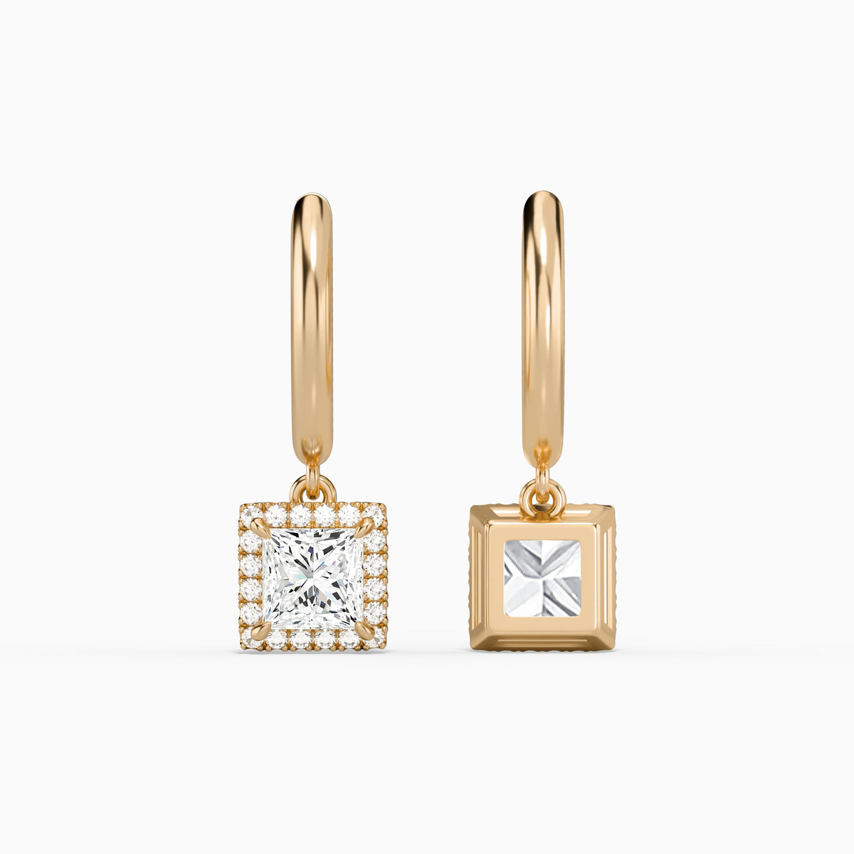 Princess Halo Drop Huggie Hoop Earrings in 14K Rose Gold